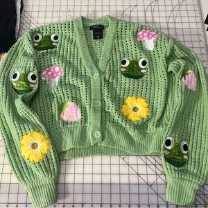 Thorn and Fable Hot Topic Frog Mushroom Flower Knit Crop Cardigan